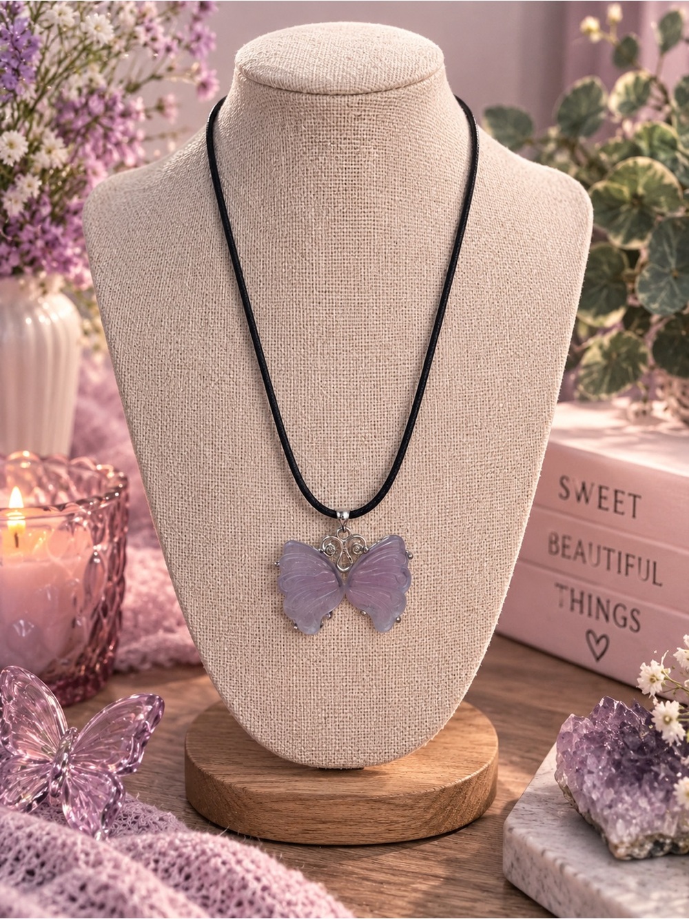 Purple fluorite butterfly pendant necklace pre loved